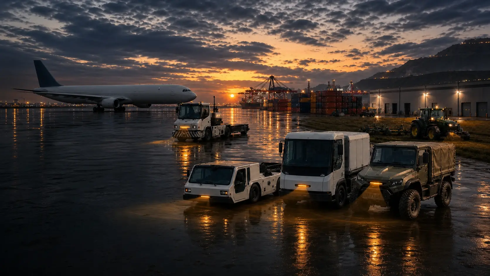Autonomous airside tugs, a haulage truck and an agricultural tractor working together at dusk