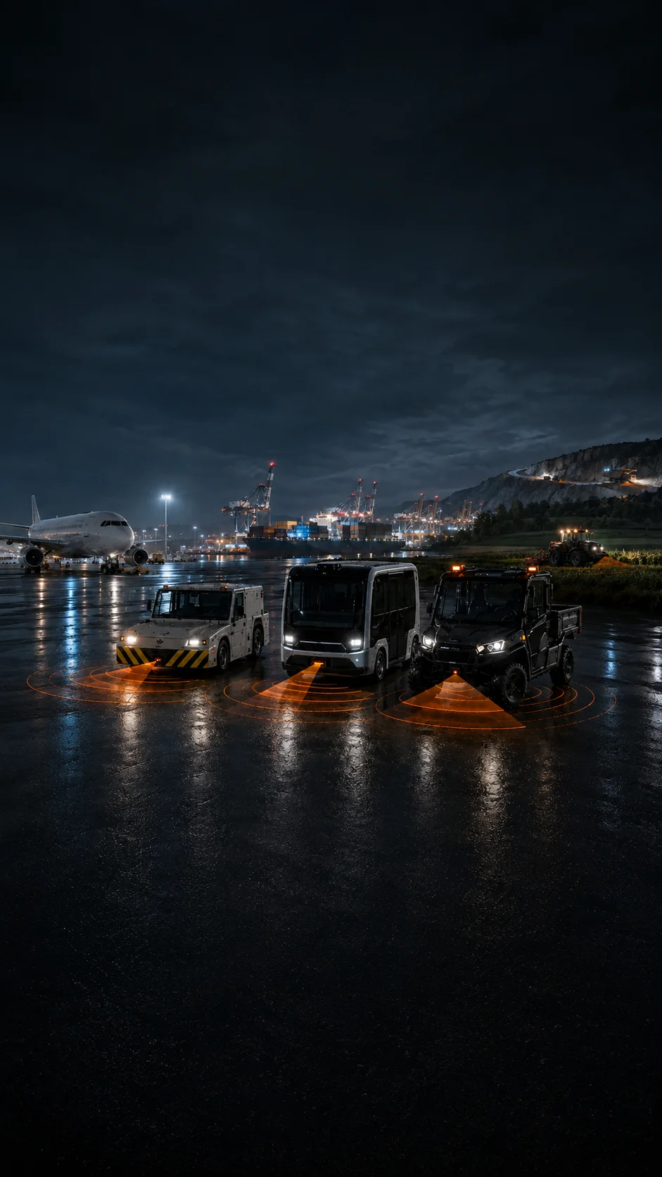 Autonomous airside tugs, a haulage truck and an agricultural tractor working together at dusk